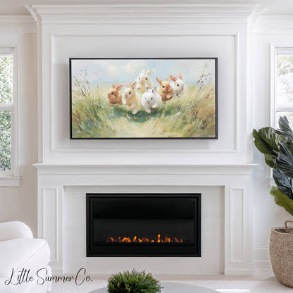 Baby Bunnies Running in Meadow Frame TV Art displayed on a TV