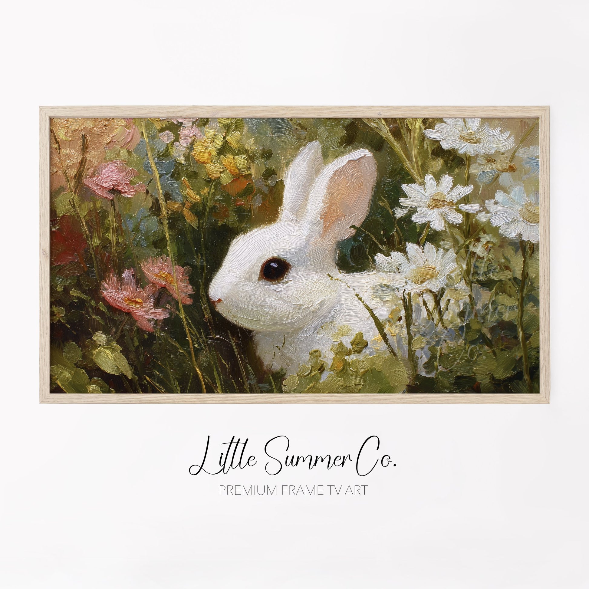 White Bunny in Wildflowers Frame TV Art displayed on a TV