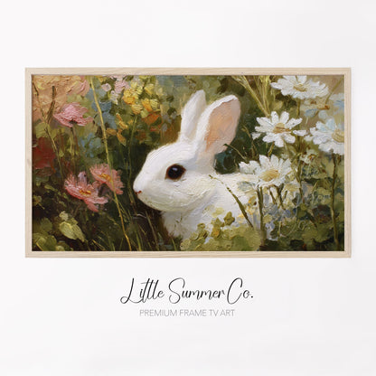 White Bunny in Wildflowers Frame TV Art displayed on a TV
