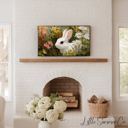 White Bunny in Wildflowers Frame TV Art displayed on a TV