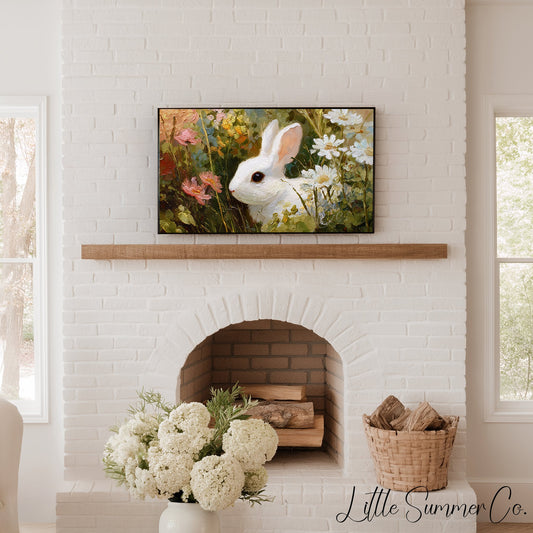 White Bunny in Wildflowers Frame TV Art displayed on a TV