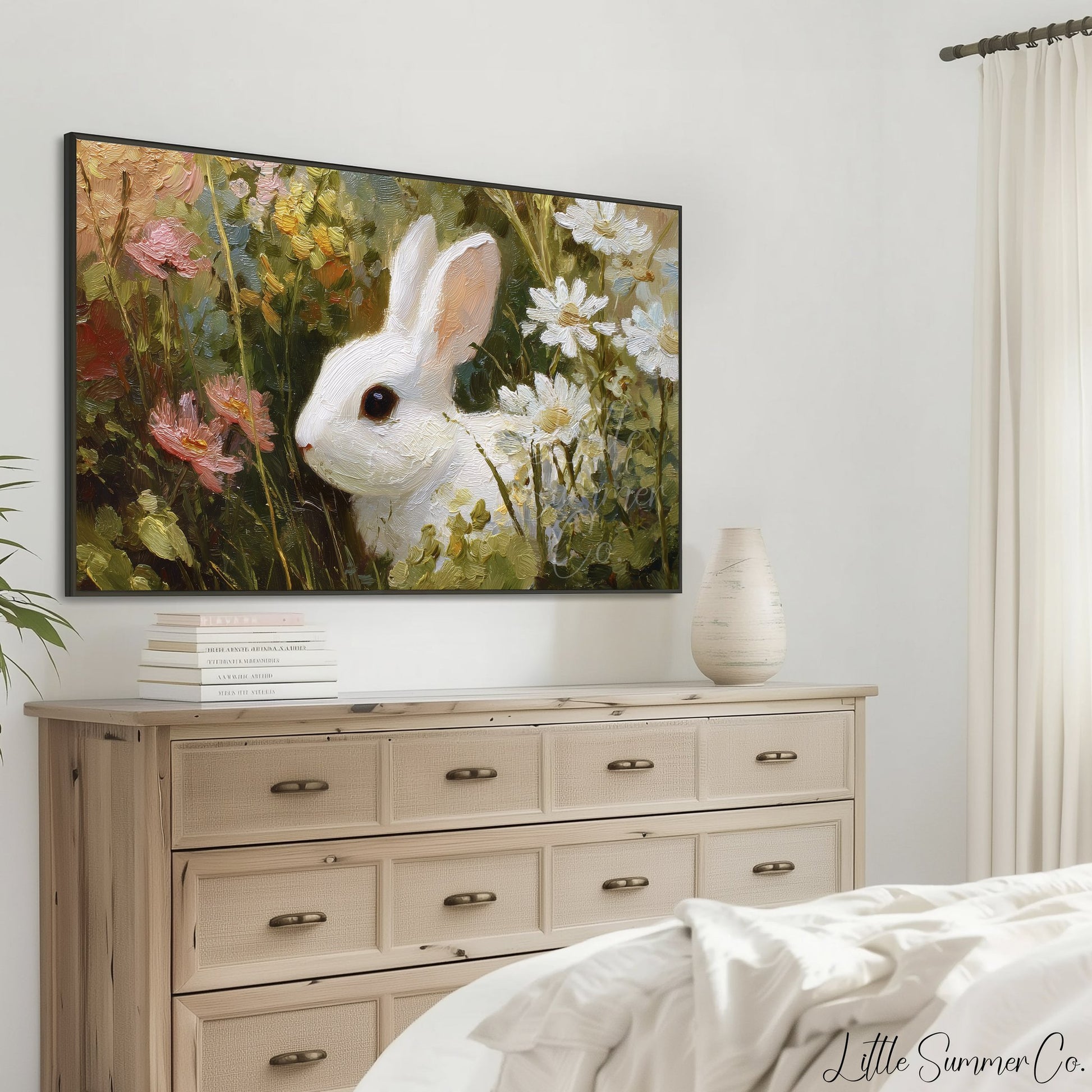 White Bunny in Wildflowers Frame TV Art displayed on a TV