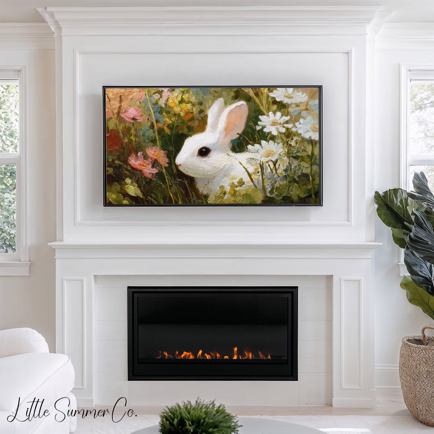 White Bunny in Wildflowers Frame TV Art displayed on a TV