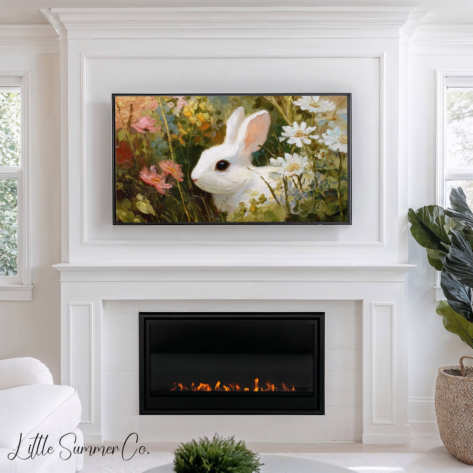 White Bunny in Wildflowers Frame TV Art displayed on a TV
