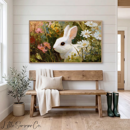 White Bunny in Wildflowers Frame TV Art displayed on a TV