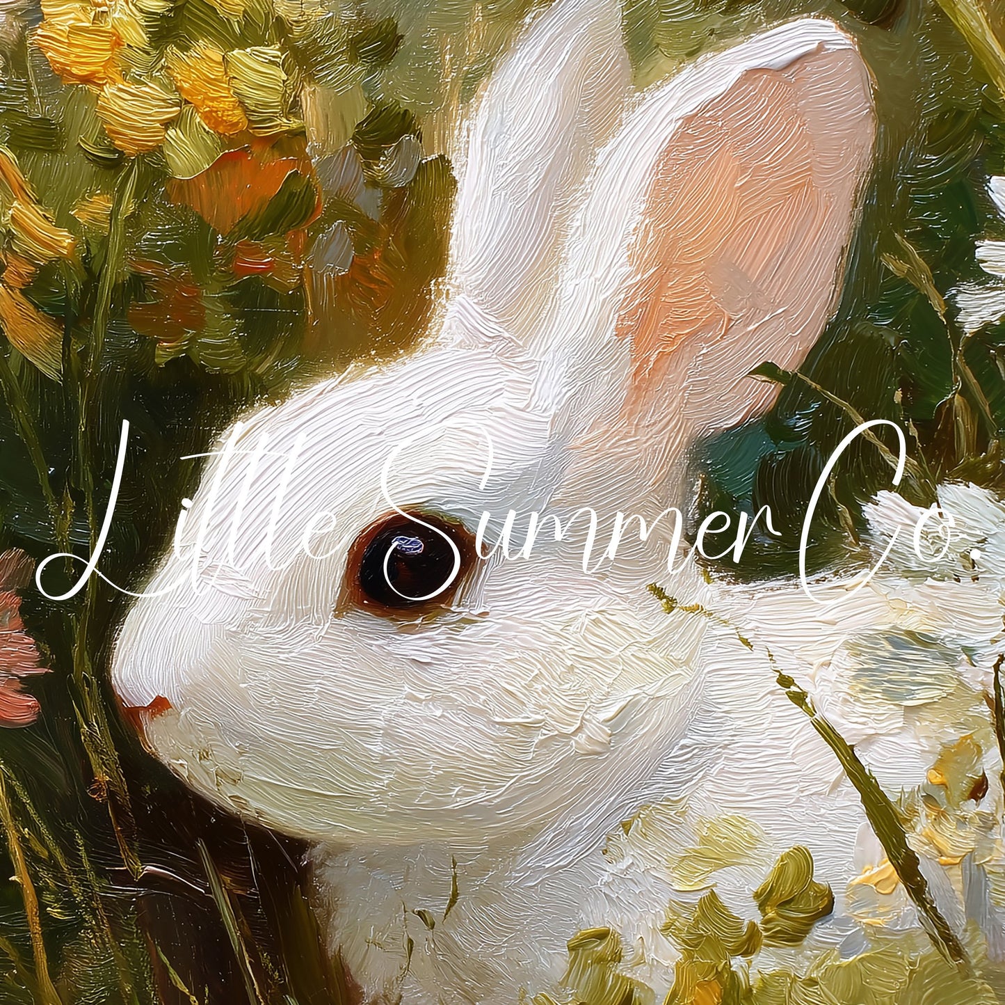 White Bunny in Wildflowers Frame TV Art displayed on a TV