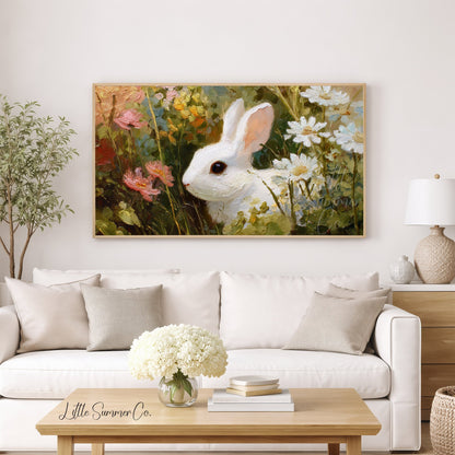 White Bunny in Wildflowers Frame TV Art displayed on a TV