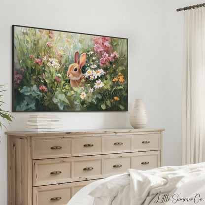 Bunny in Spring Flower Garden Frame TV Art displayed on a TV