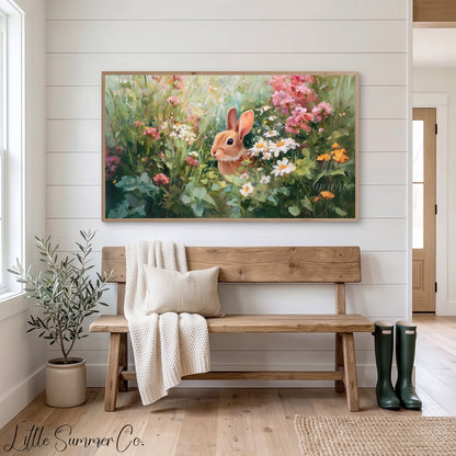 Bunny in Spring Flower Garden Frame TV Art displayed on a TV