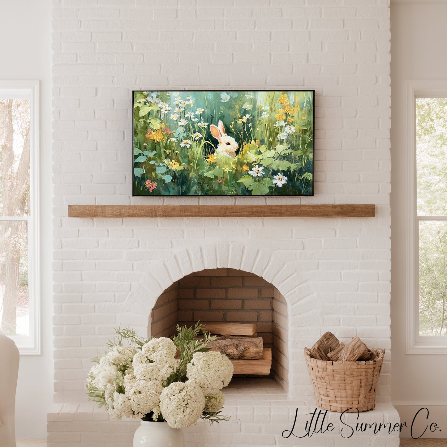 Bunny in Daisy Meadow Frame TV Art displayed on a TV