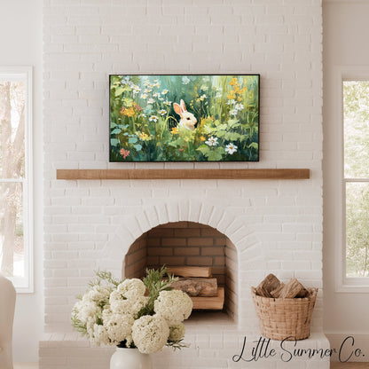 Bunny in Daisy Meadow Frame TV Art displayed on a TV