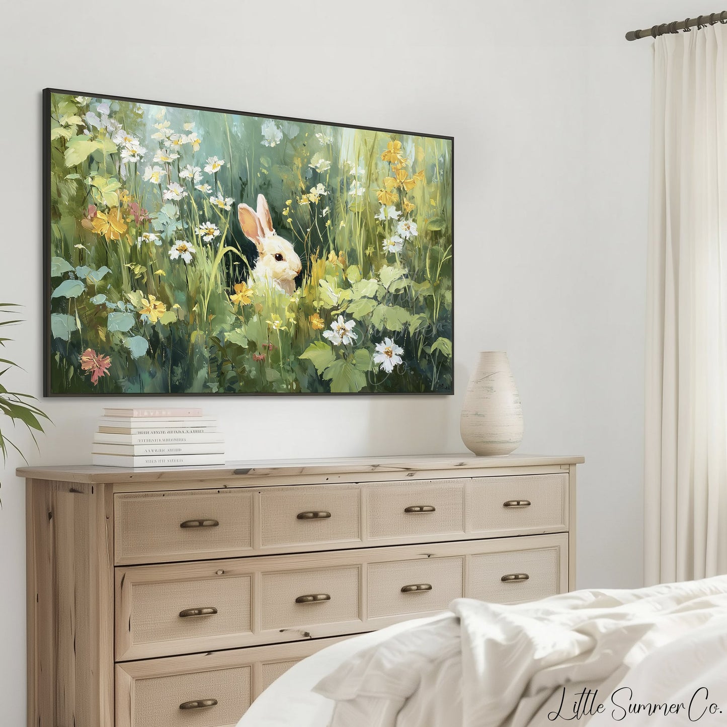 Bunny in Daisy Meadow Frame TV Art displayed on a TV