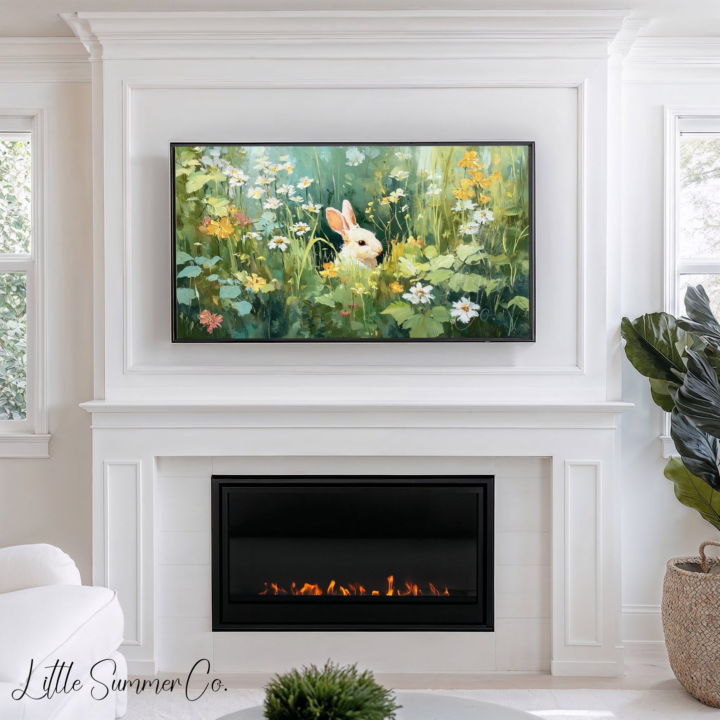 Bunny in Daisy Meadow Frame TV Art displayed on a TV