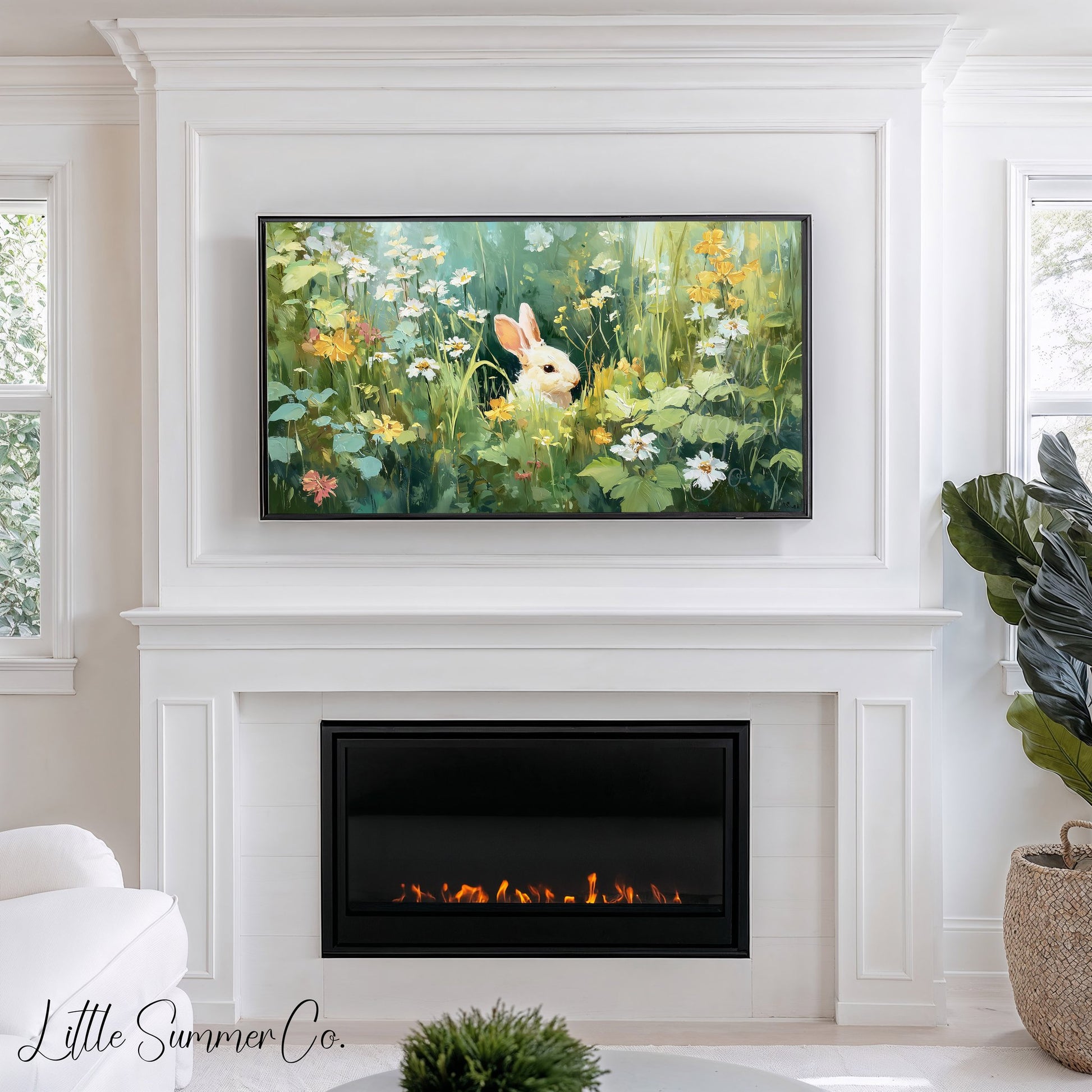 Bunny in Daisy Meadow Frame TV Art displayed on a TV