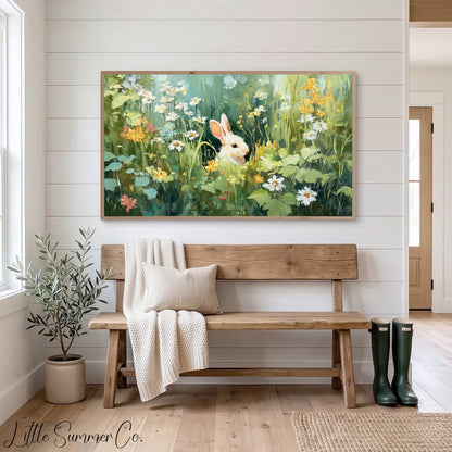 Bunny in Daisy Meadow Frame TV Art displayed on a TV