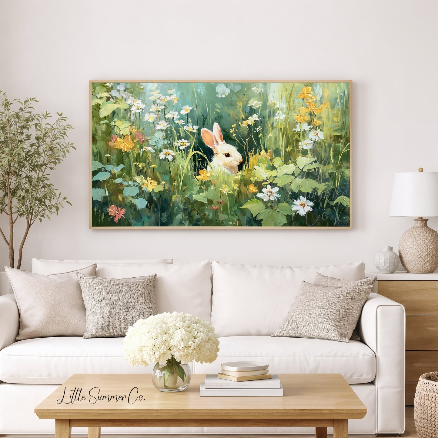 Bunny in Daisy Meadow Frame TV Art displayed on a TV