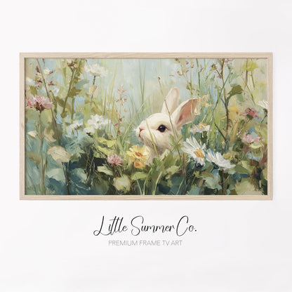 White Bunny in Spring Meadow Frame TV Art displayed on a TV