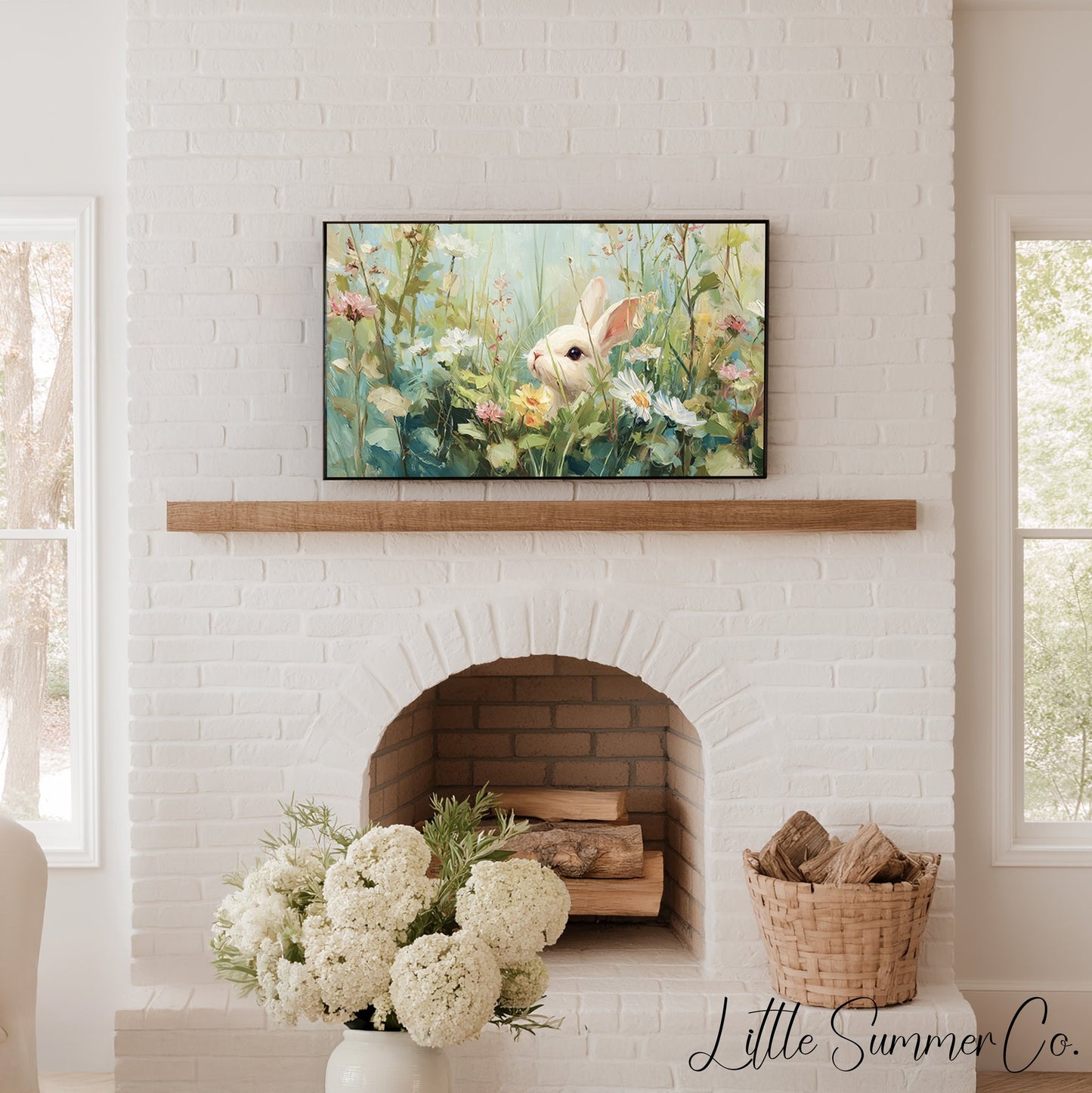 White Bunny in Spring Meadow Frame TV Art displayed on a TV