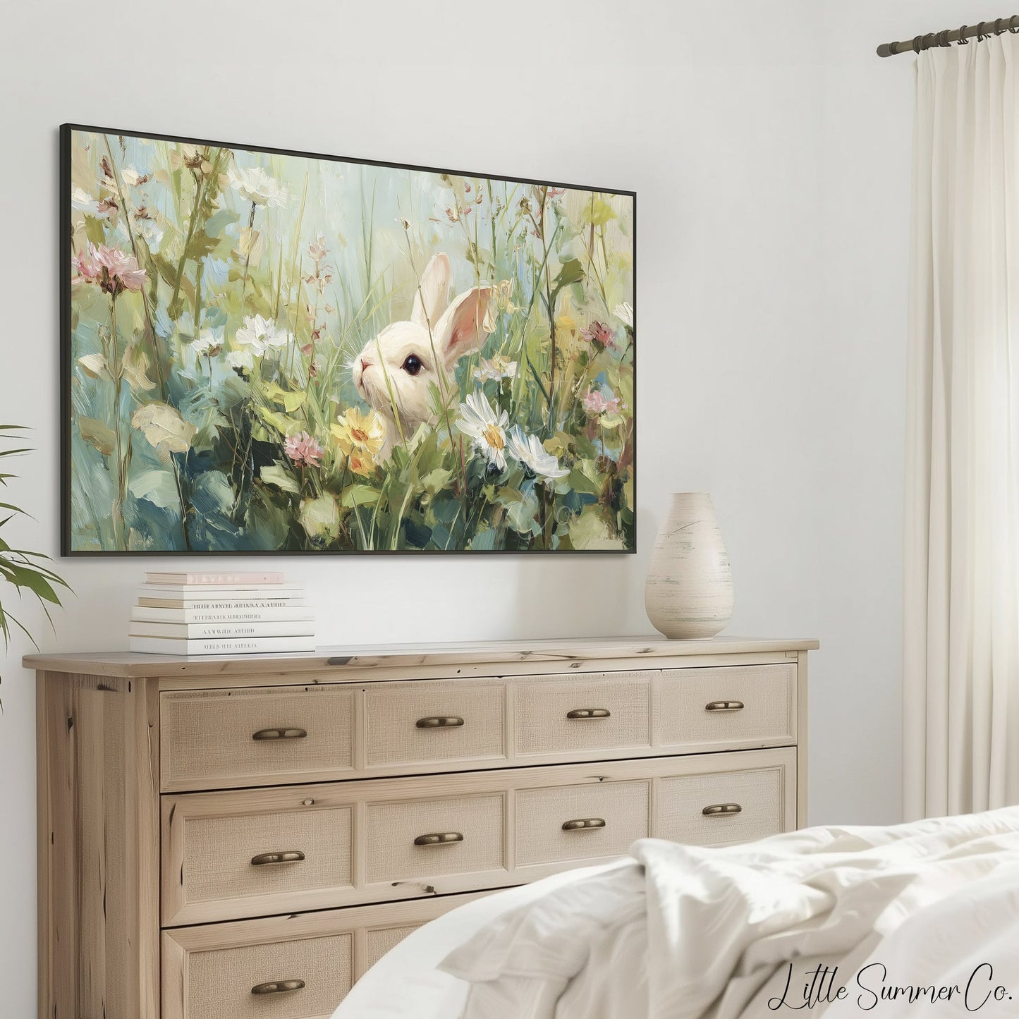 White Bunny in Spring Meadow Frame TV Art displayed on a TV
