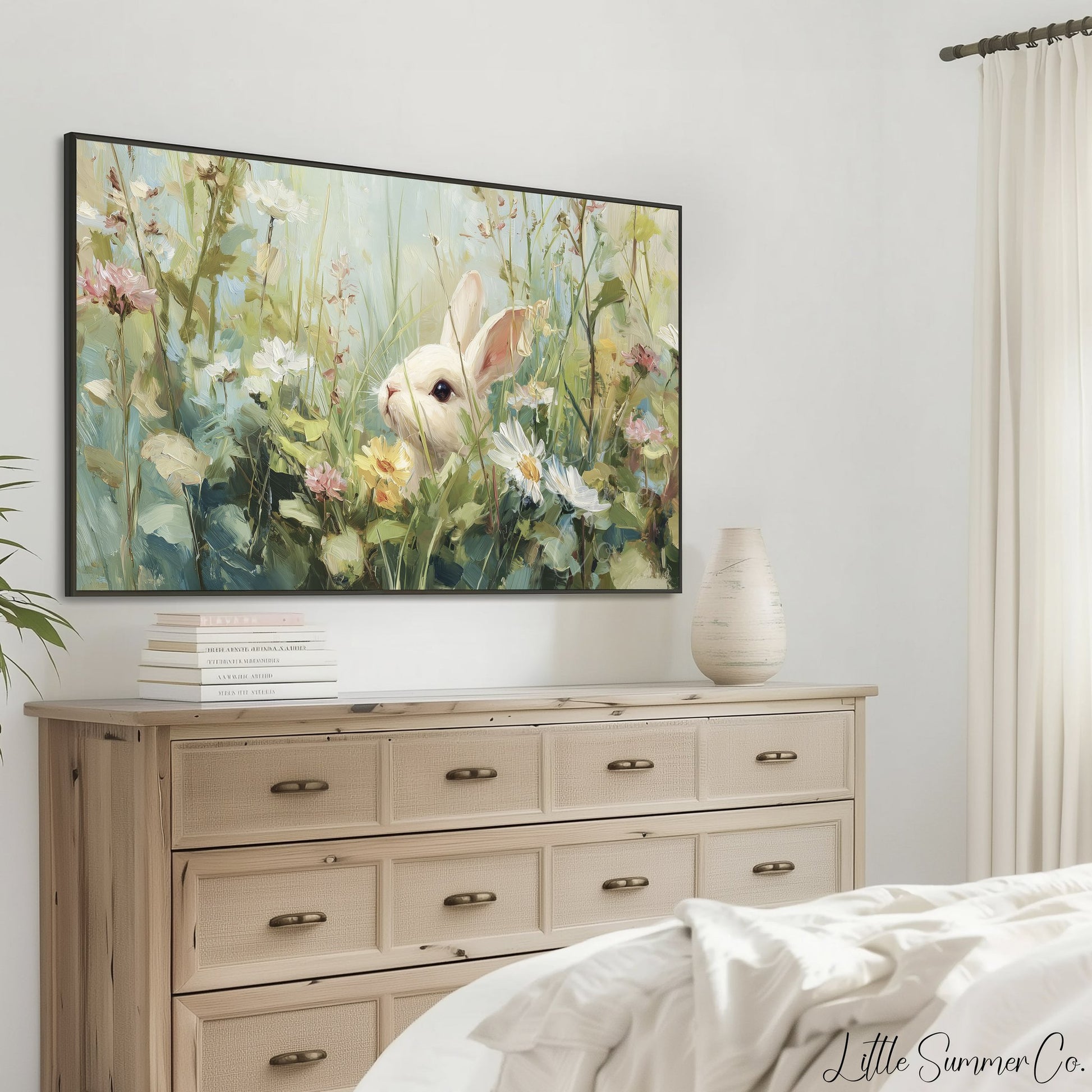White Bunny in Spring Meadow Frame TV Art displayed on a TV