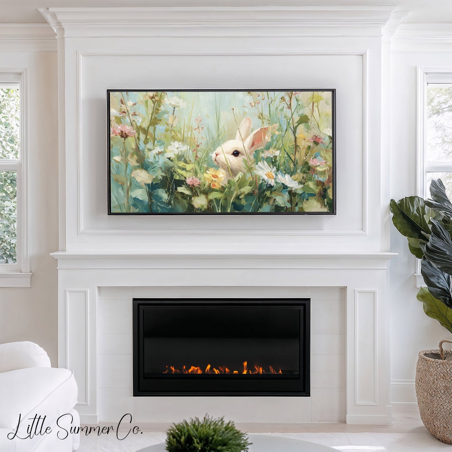 White Bunny in Spring Meadow Frame TV Art displayed on a TV