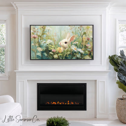 White Bunny in Spring Meadow Frame TV Art displayed on a TV