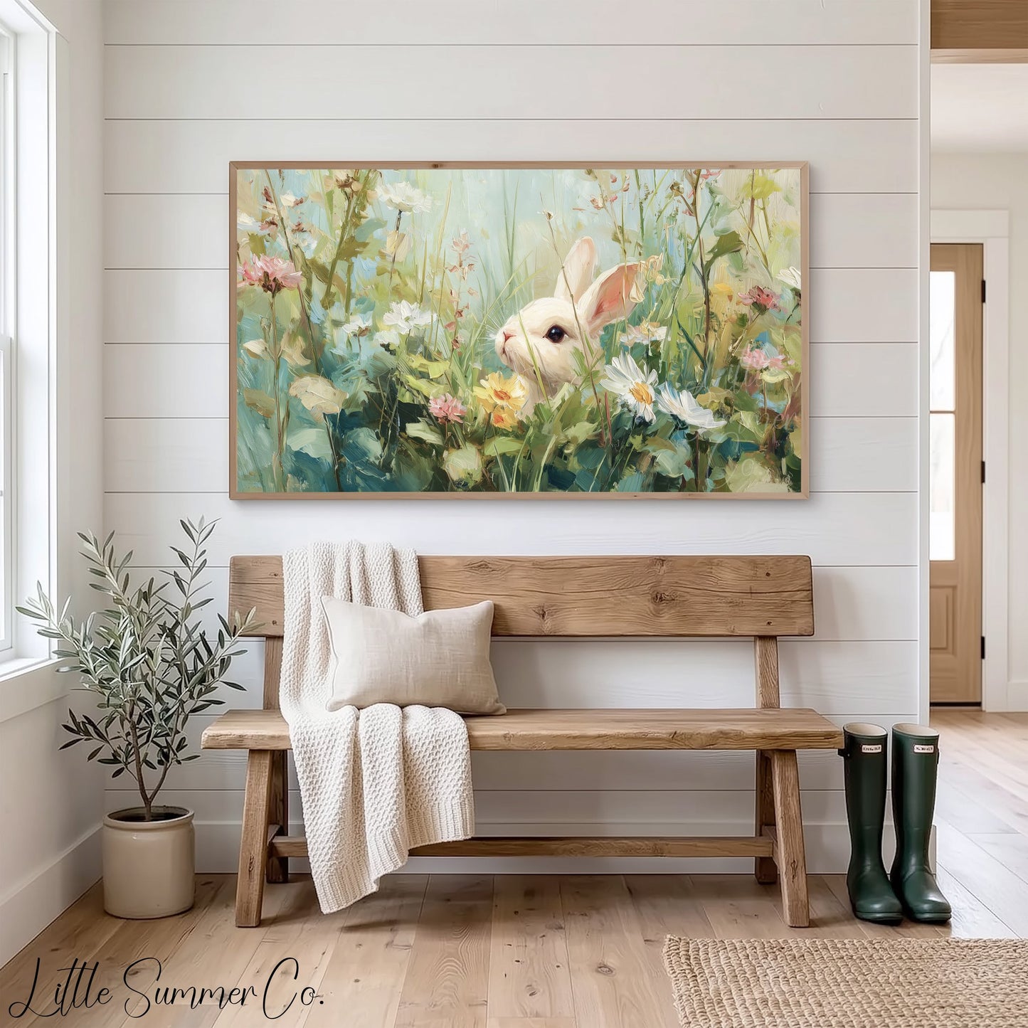 White Bunny in Spring Meadow Frame TV Art displayed on a TV