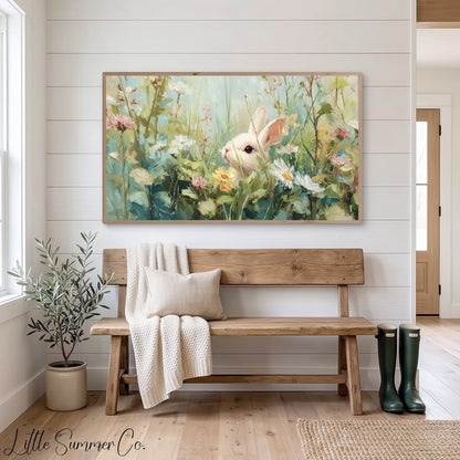 White Bunny in Spring Meadow Frame TV Art displayed on a TV