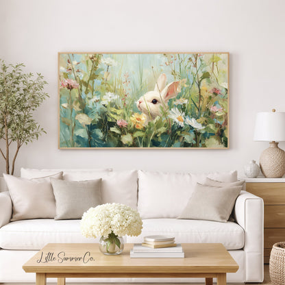 White Bunny in Spring Meadow Frame TV Art displayed on a TV