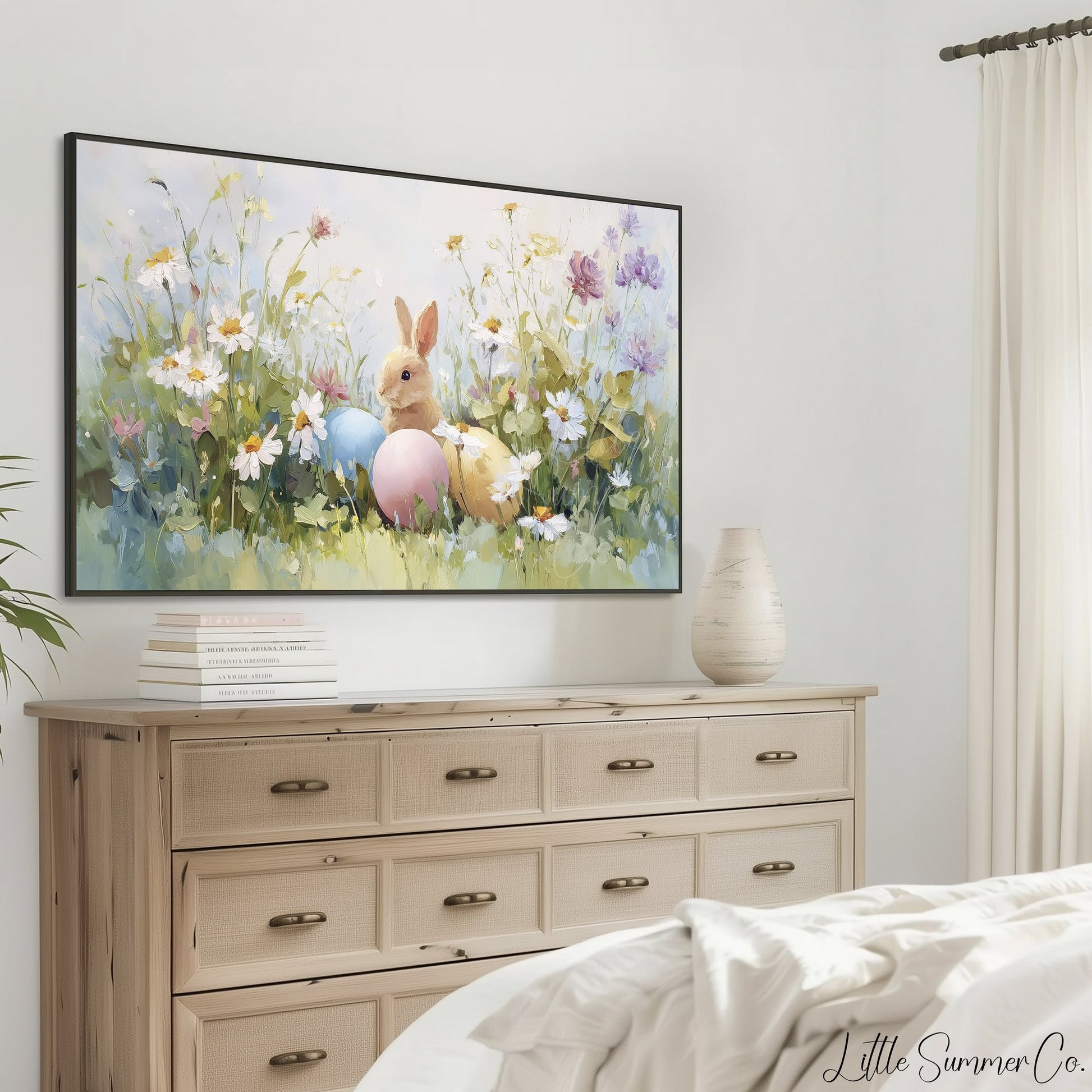 Easter Bunny with Pastel Eggs Frame TV Art displayed on a TV