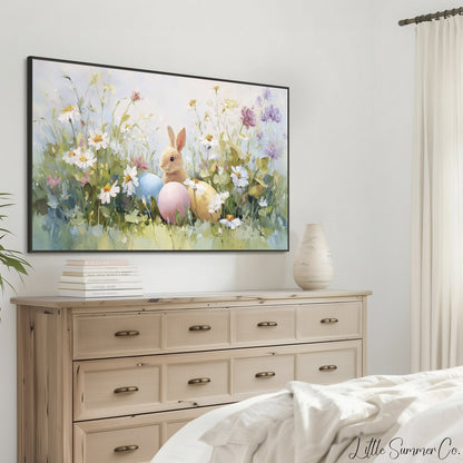 Easter Bunny with Pastel Eggs Frame TV Art displayed on a TV