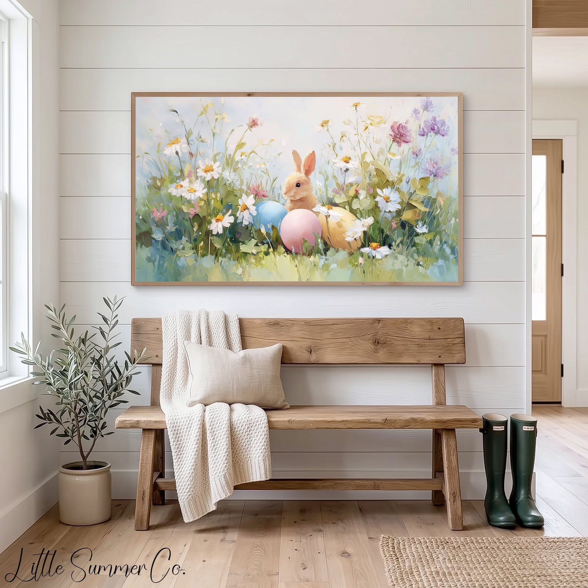 Easter Bunny with Pastel Eggs Frame TV Art displayed on a TV