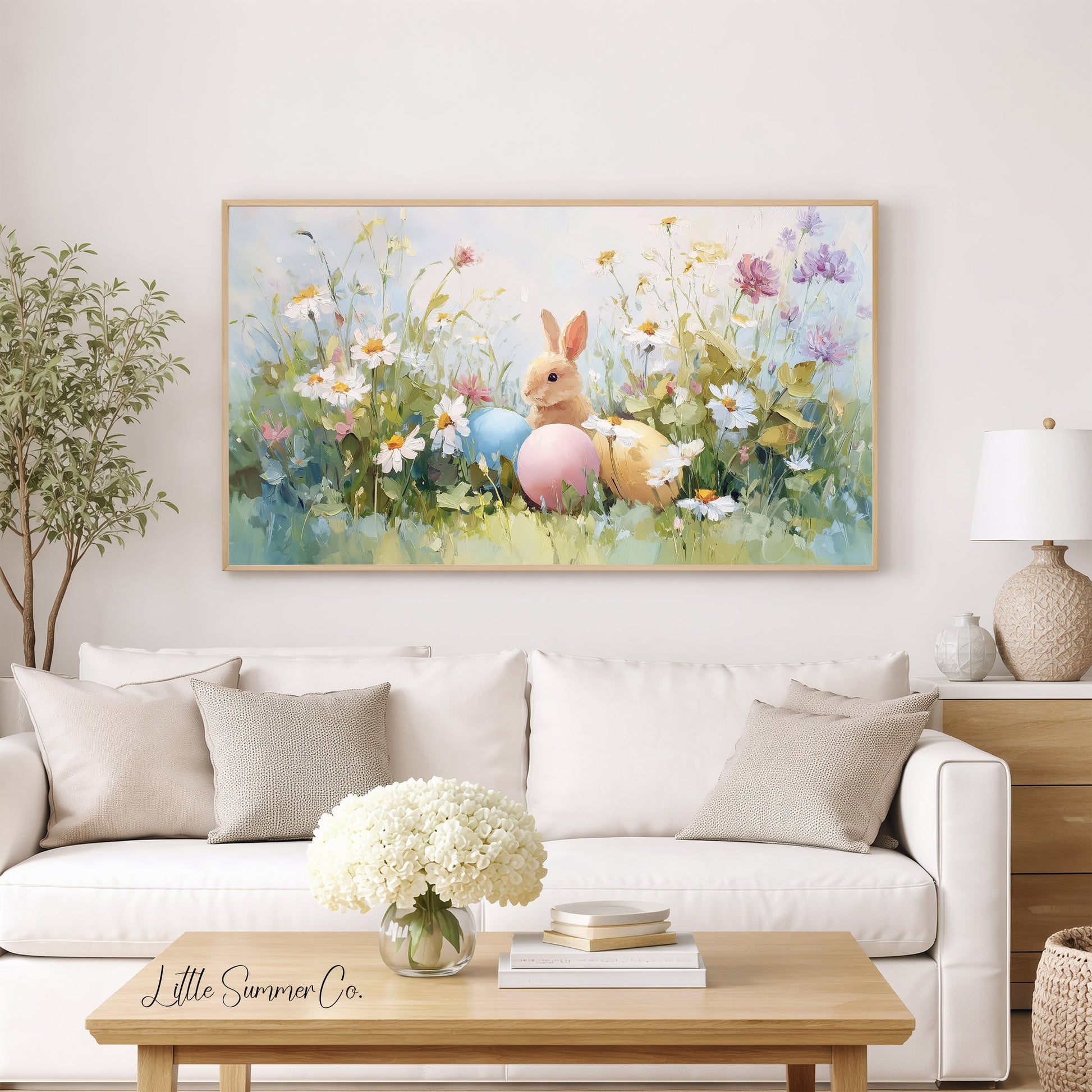 Easter Bunny with Pastel Eggs Frame TV Art displayed on a TV