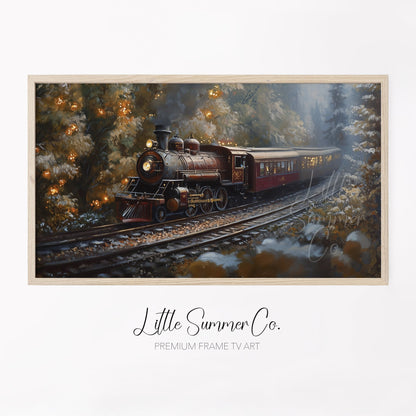 Steam Train Through Autumn Forest Frame TV Art displayed on a TV