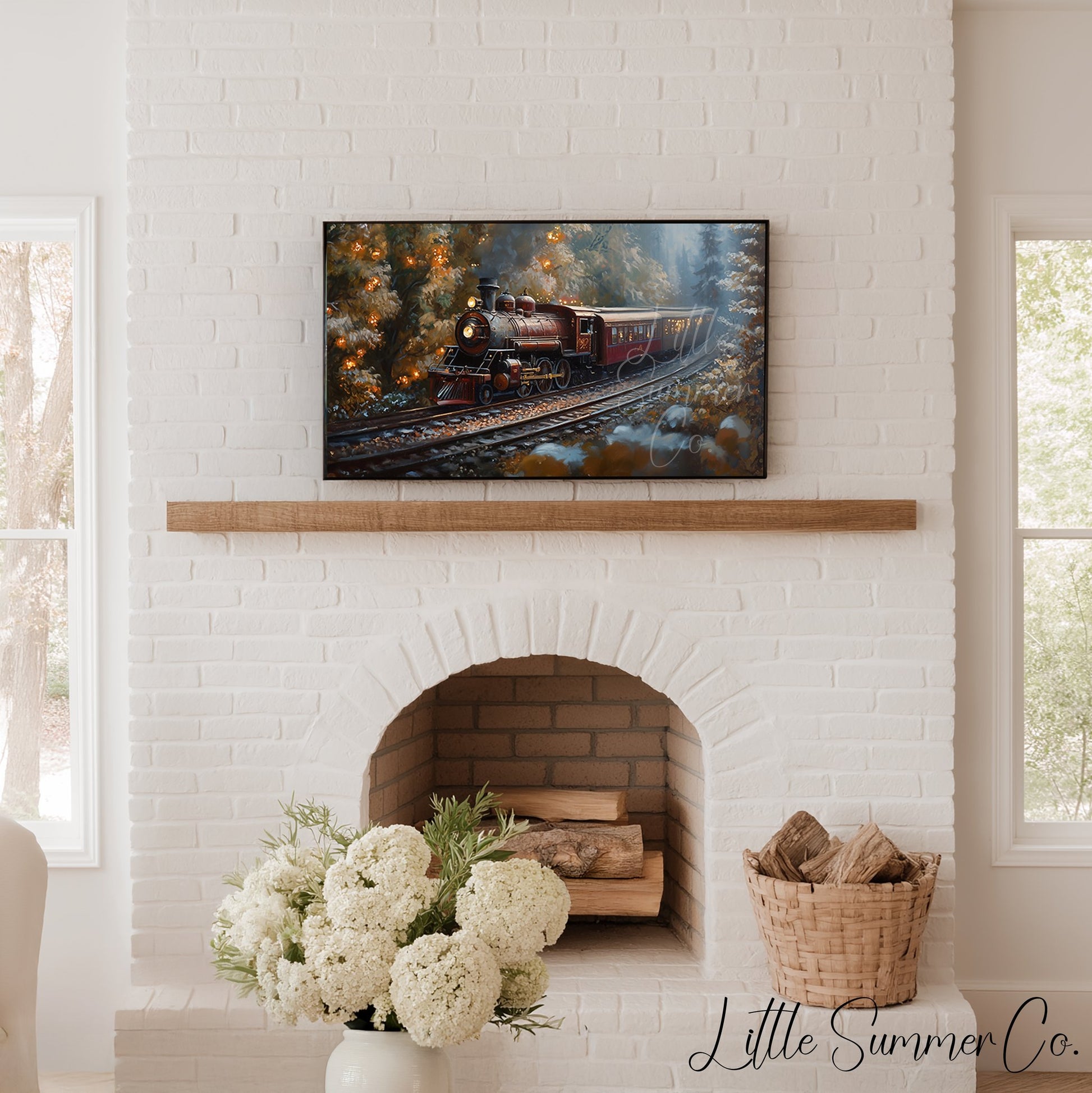 Steam Train Through Autumn Forest Frame TV Art displayed on a TV