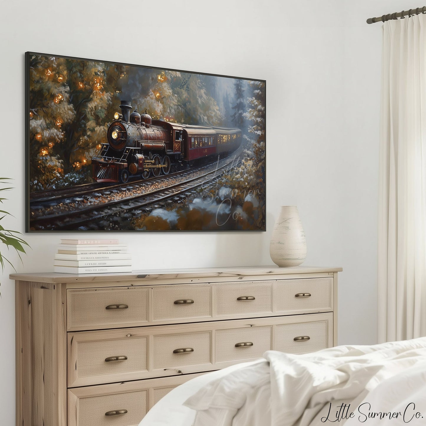 Steam Train Through Autumn Forest Frame TV Art displayed on a TV