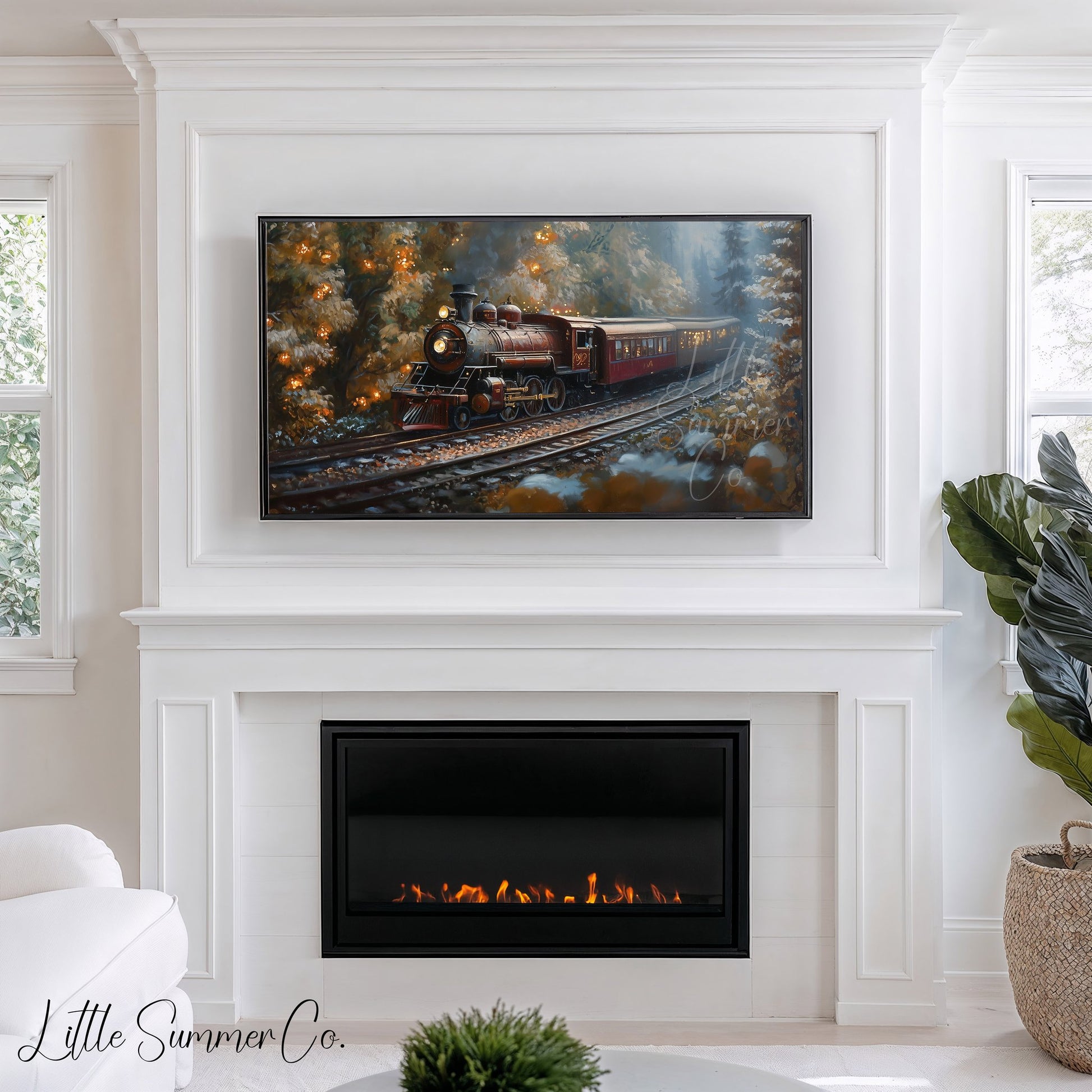 Steam Train Through Autumn Forest Frame TV Art displayed on a TV
