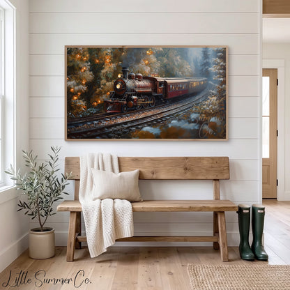 Steam Train Through Autumn Forest Frame TV Art displayed on a TV