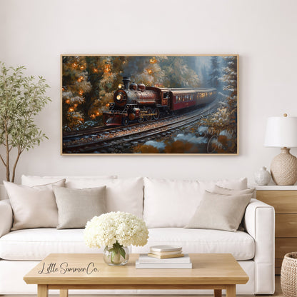 Steam Train Through Autumn Forest Frame TV Art displayed on a TV