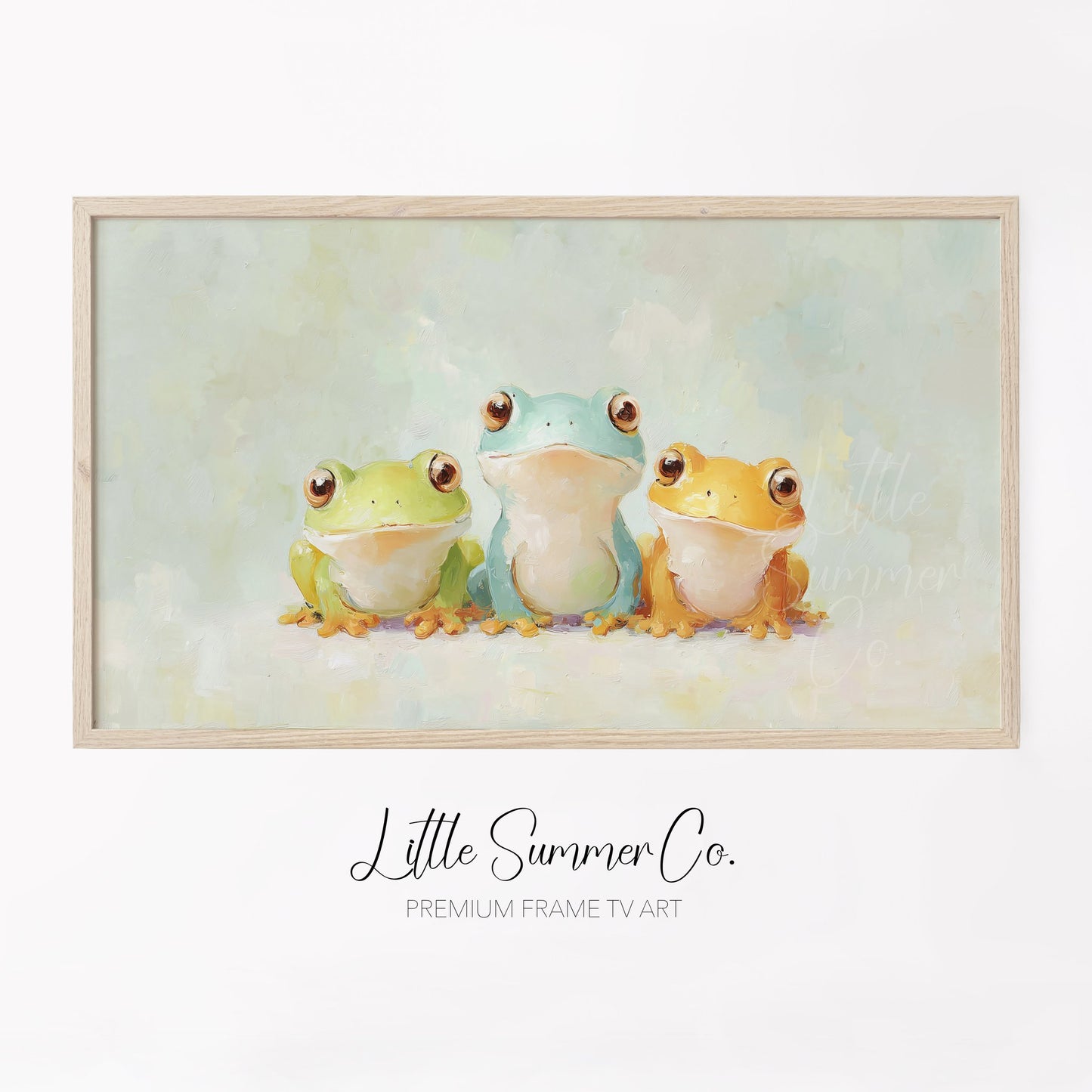 Three Colourful Frogs Frame TV Art displayed on a TV