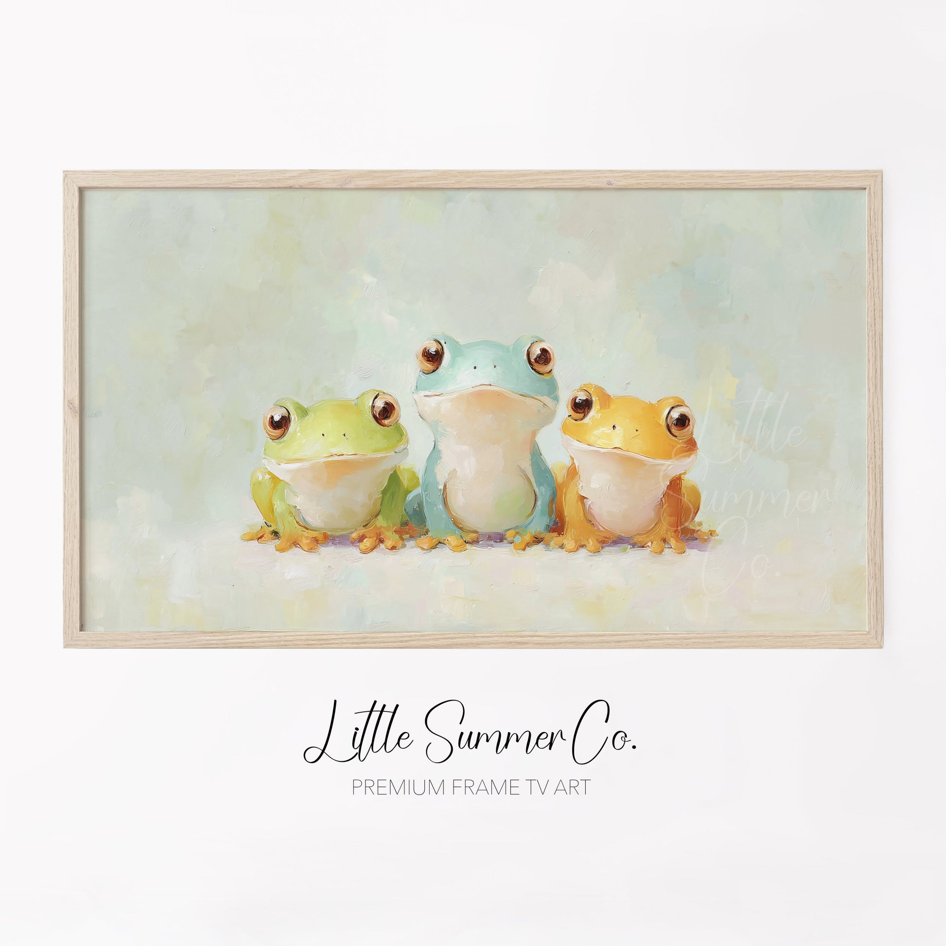 Three Colourful Frogs Frame TV Art displayed on a TV