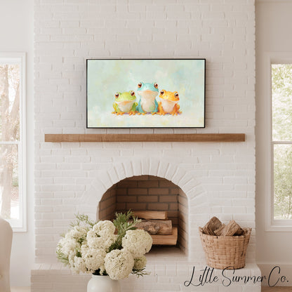 Three Colourful Frogs Frame TV Art displayed on a TV