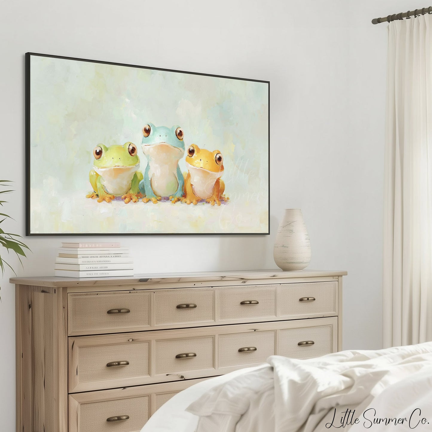 Three Colourful Frogs Frame TV Art displayed on a TV