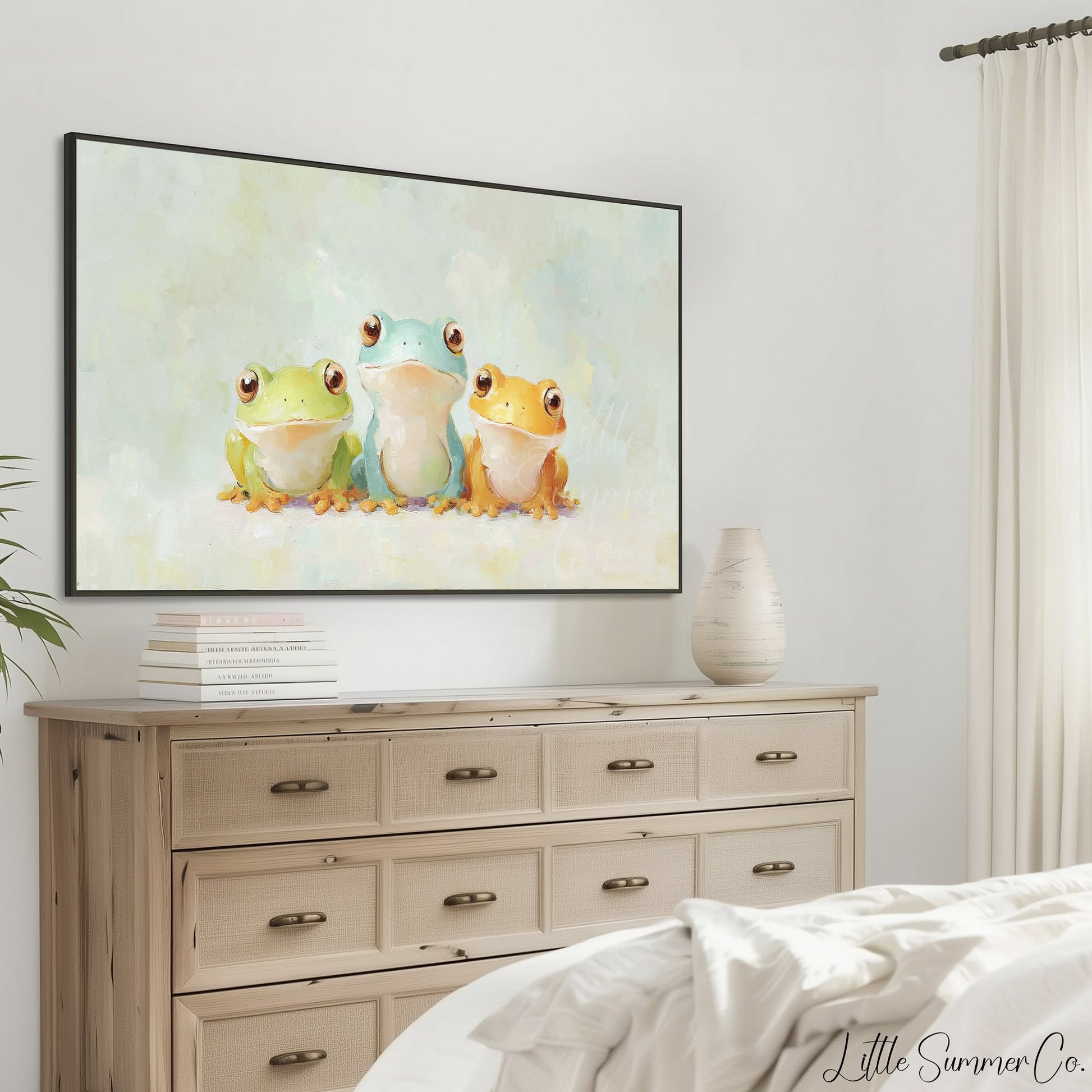 Three Colourful Frogs Frame TV Art displayed on a TV