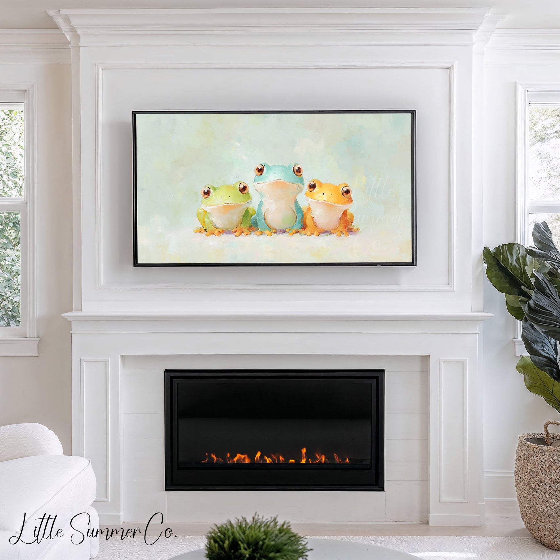 Three Colourful Frogs Frame TV Art displayed on a TV