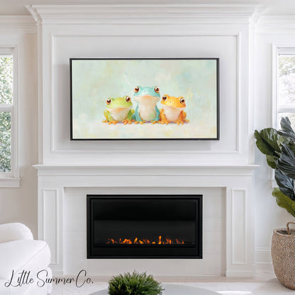 Three Colourful Frogs Frame TV Art displayed on a TV