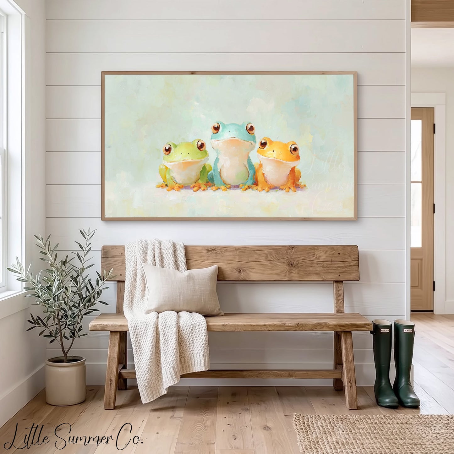 Three Colourful Frogs Frame TV Art displayed on a TV