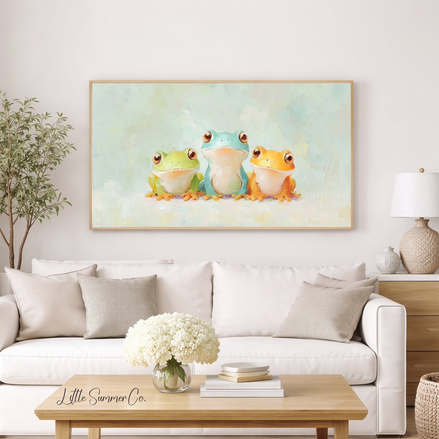 Three Colourful Frogs Frame TV Art displayed on a TV