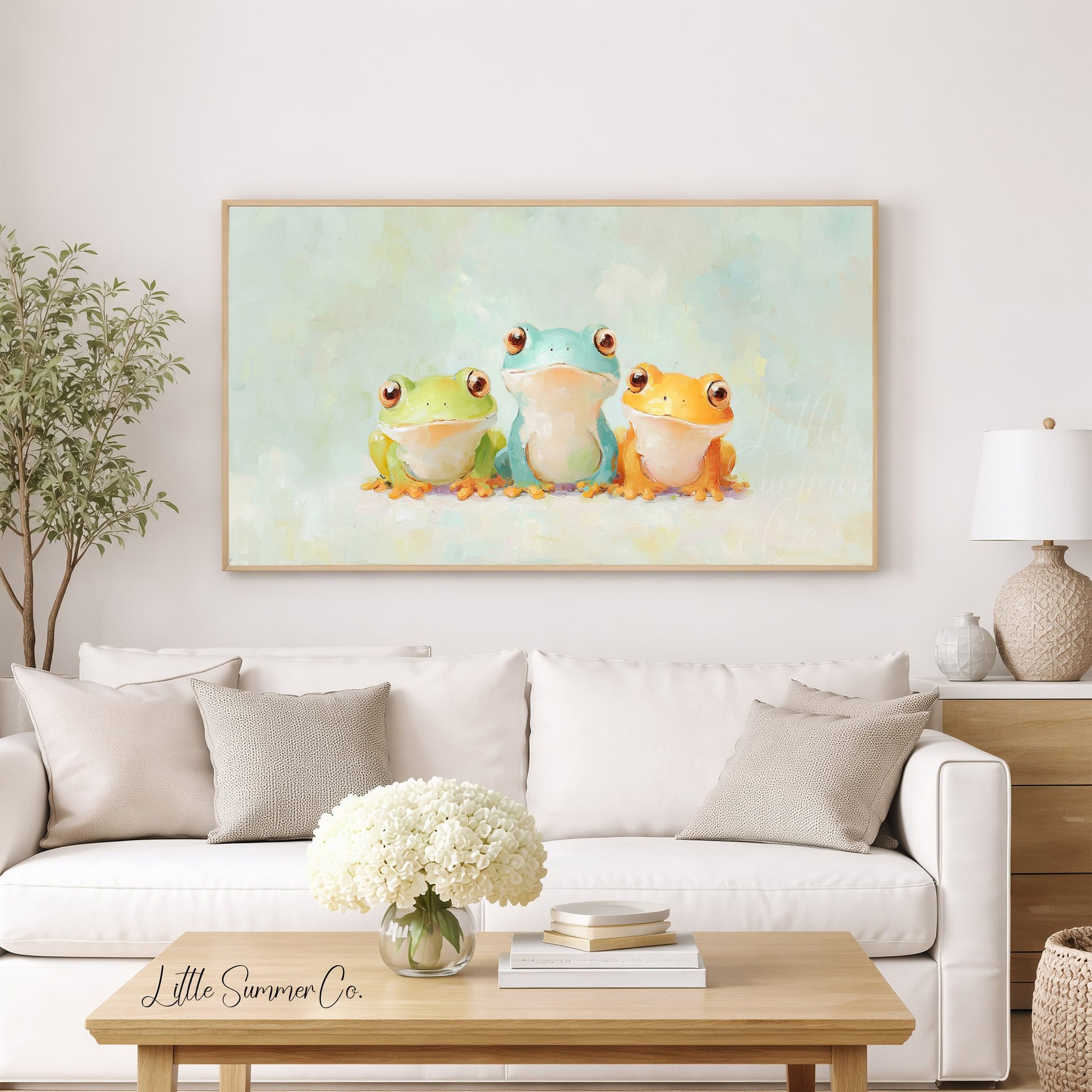 Three Colourful Frogs Frame TV Art displayed on a TV