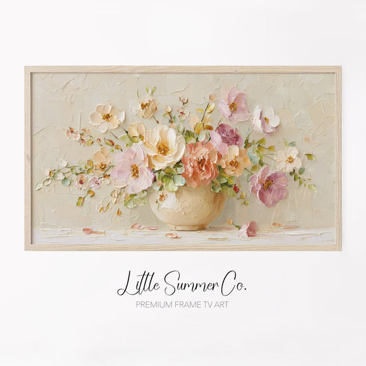 Peach Floral Bouquet in Vase Frame TV Art displayed on a TV